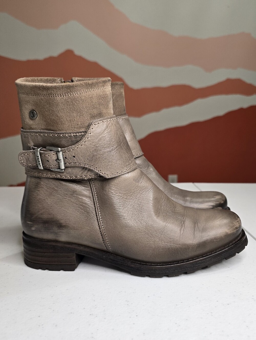 Jafa Taupe Leather Buckle Ankle Boots Bootie Women's US 9'9.5